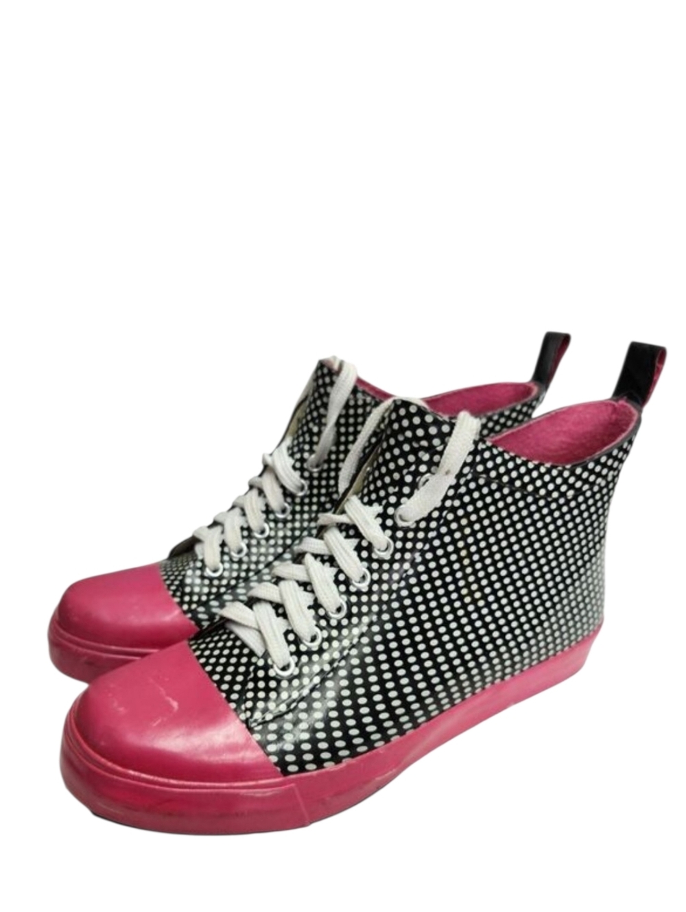 LA Gear High Top Rain Boots Womens 8 Polka Dot Black Pink Lace Up Rubber Vintage